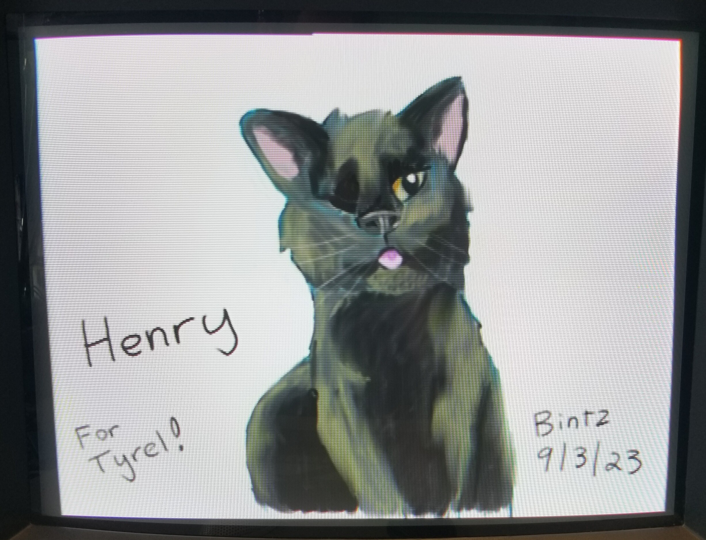 A digital painting of a one eyed black cat with a blep named Henry.