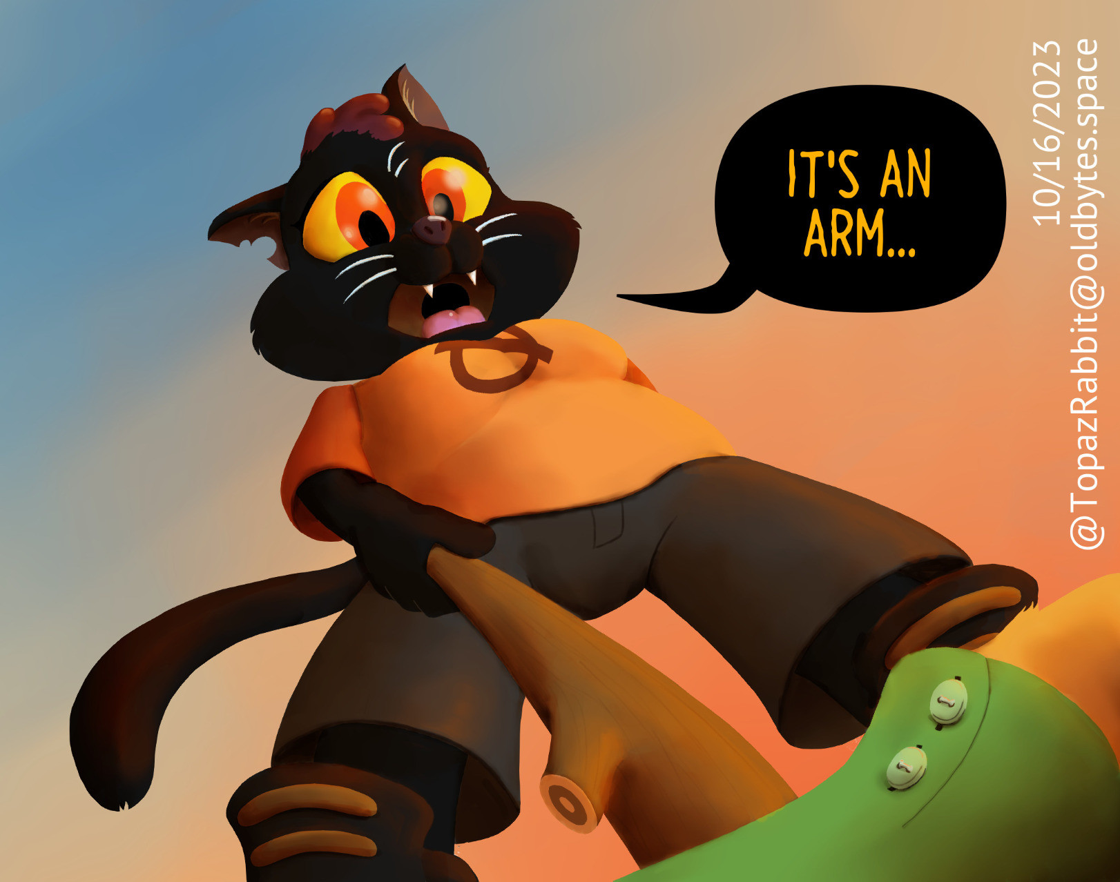 An anthropomorphic black cat with a stick pokes at an arm lying on the ground, saying "It's an arm..."