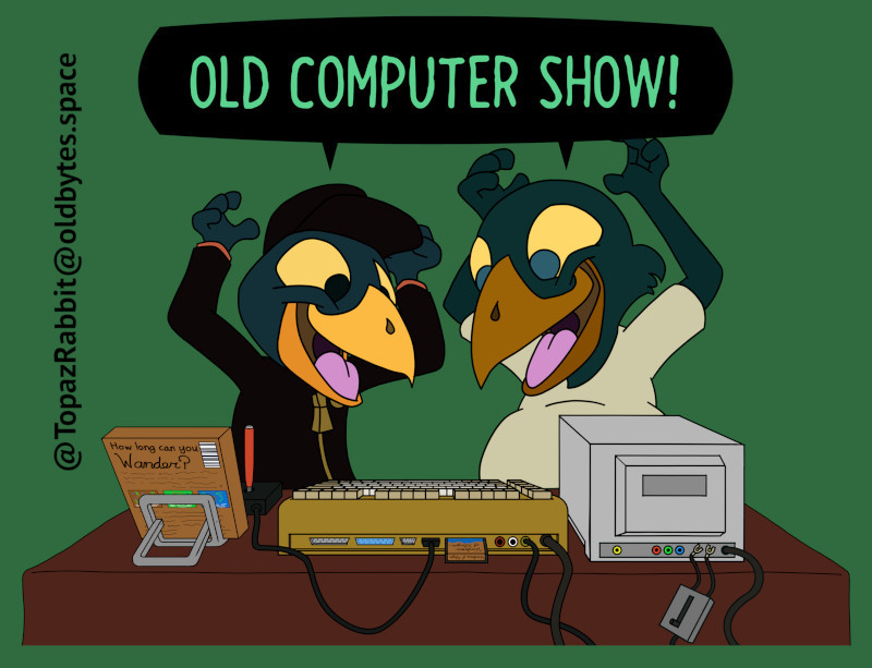 Two anthropomorphic birds are excited to see an old computer on a table. They are both exclaiming "Old Computer Show!"